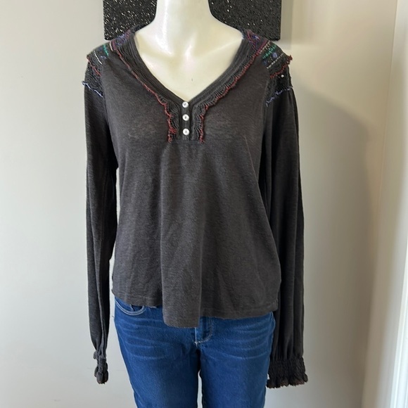 Free People Siesta Fiesta Top Embroidered
Henley Shirt Dark Grey Sz XS - Picture 3 of 12